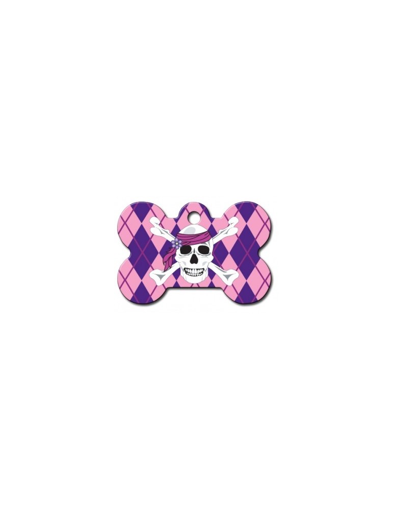 Pink Argyle Bone ID Tag with White Skull